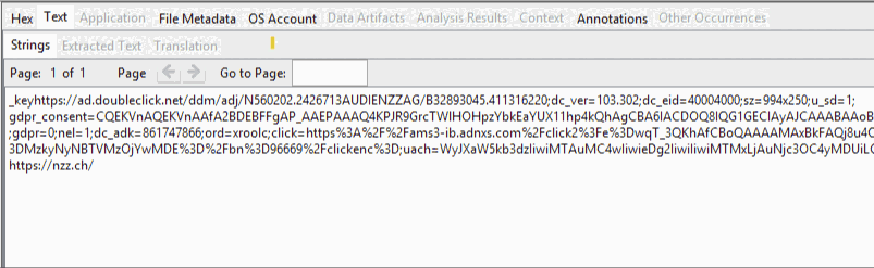 Forensic strings panel showing the full ad.doubleclick.net URL with query parameters (gdpr_consent, ad-exchange keys, AUDIENZZAG identifier), ending with https://nzz.ch/ as the Referer header.